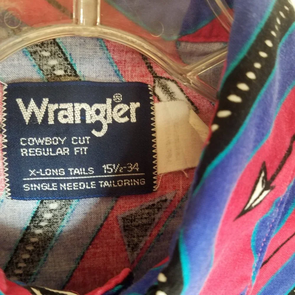 Vintage Wrangler Cowboy Cut Long Tails Aztec Arrows Westesrn Shirt Size 15.5 -34